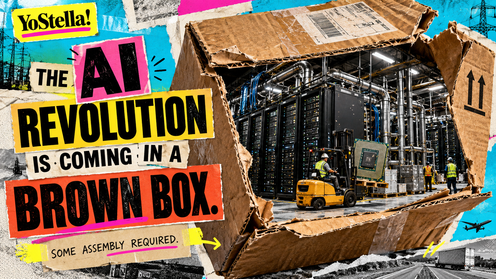 YoStella pop-art collage of a cardboard box containing a data center, with a forklift, workers, and the headline The AI Revolution Is Coming in a Brown Box.