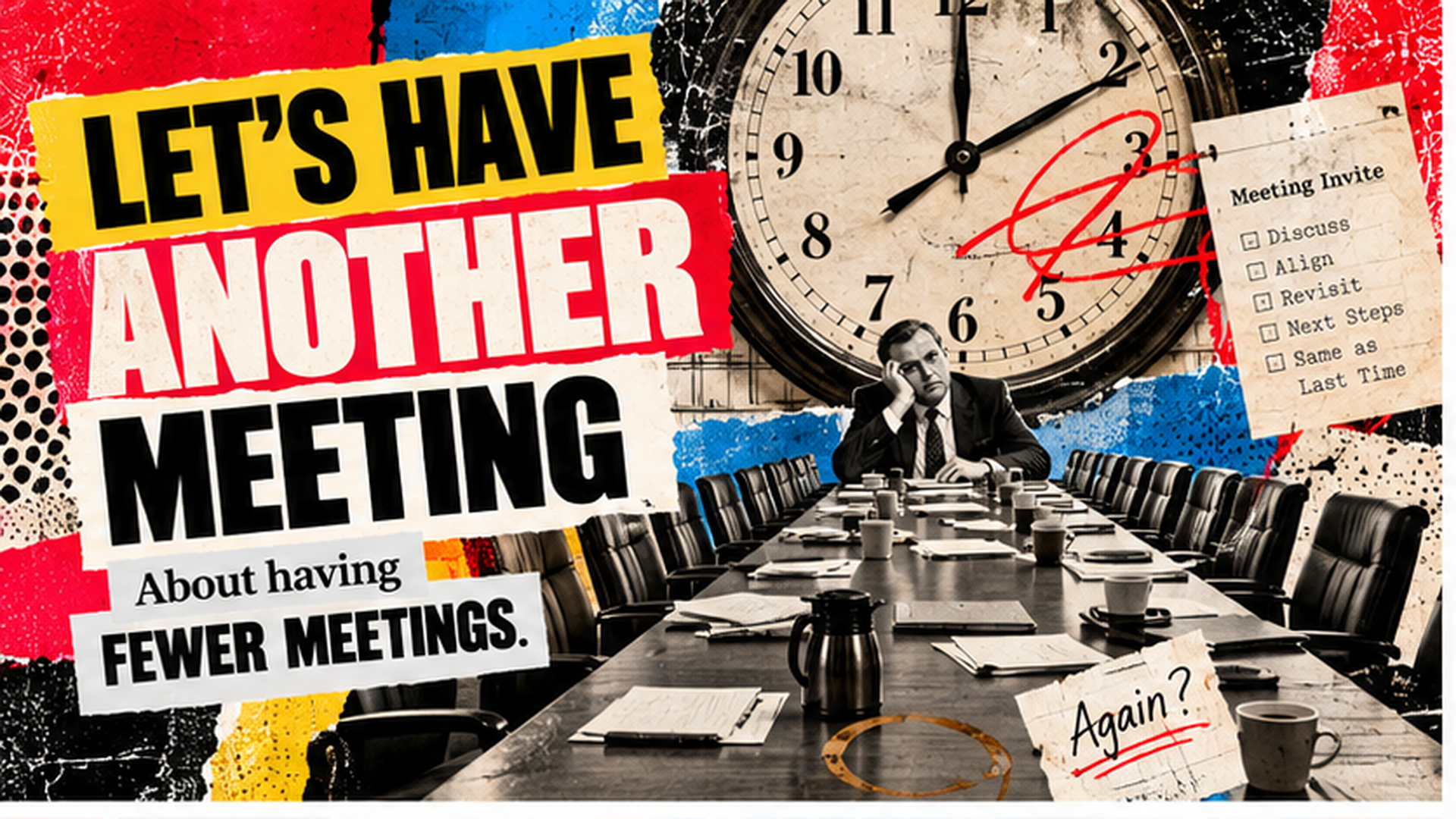 Collage of a long meeting table, oversized clock, marked-up meeting invite, and meeting notes, with a fed-up executive at the center.