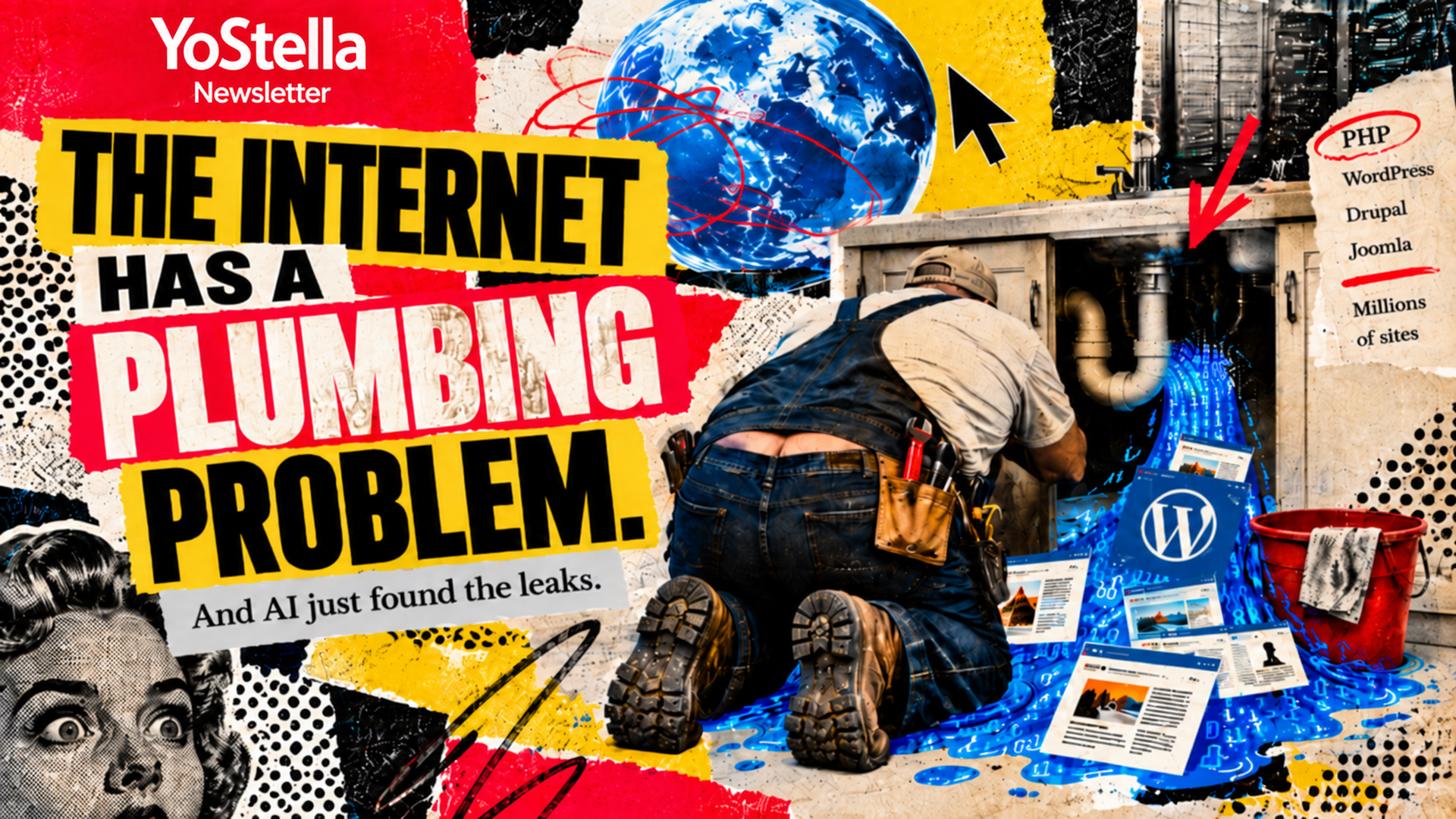 A surreal editorial collage of a plumber working under a sink as bright blue, code-like water spills across website fragments; the headline reads The Internet Has a Plumbing Problem.