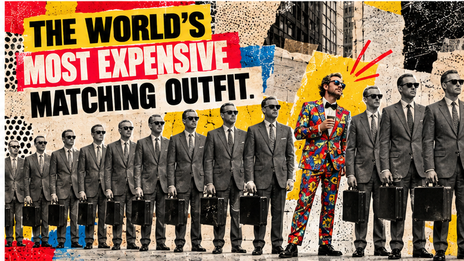A row of suited executives includes one person in a brightly patterned suit, beneath a headline about an expensive matching outfit.